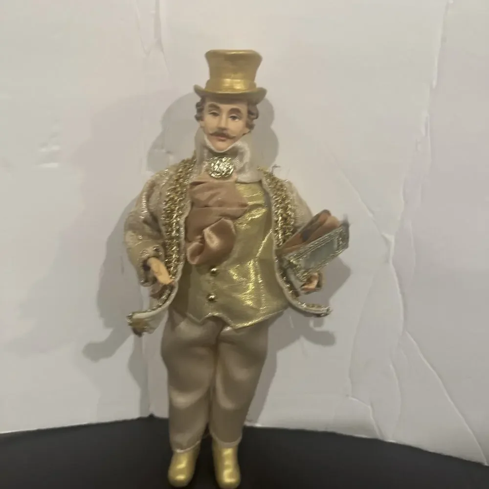Vintage Christmas Caroler Man Doll Gold Outfit Song Book Holiday Decoration